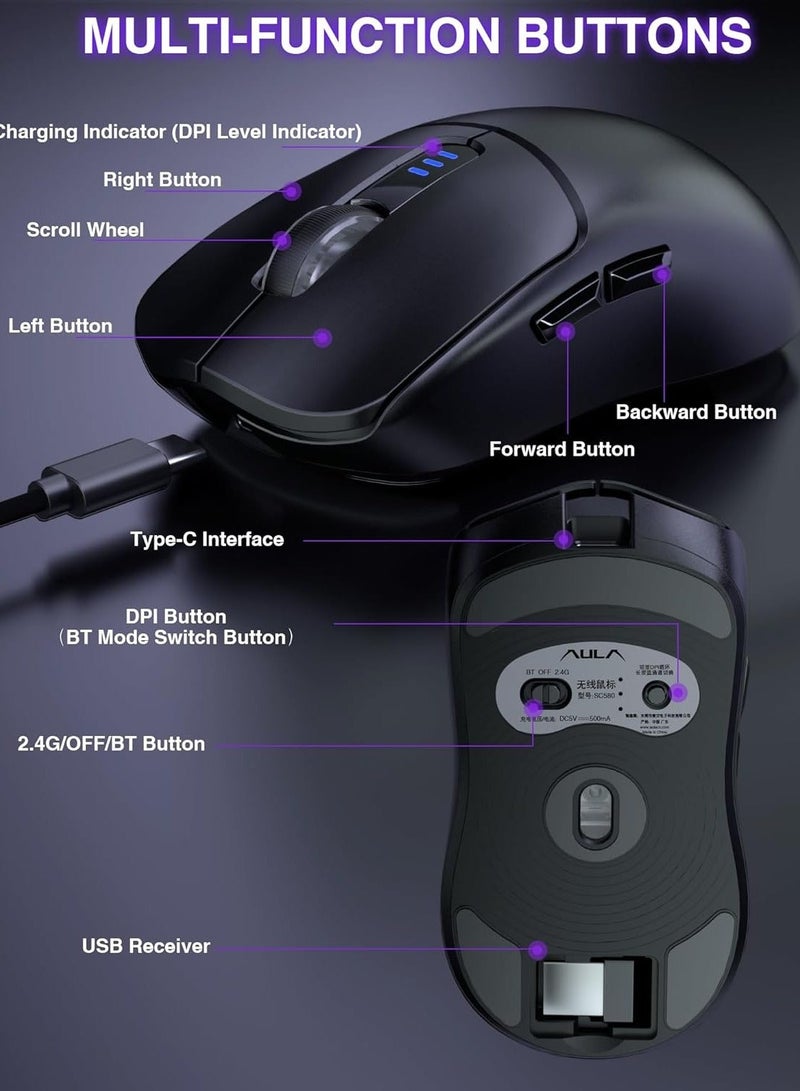 فأرة الألعاب اللاسلكية الخفيفة SC580X، ثلاثية الوضع 2.4G/BT5.0/USB-C، فأرة لاسلكية قابلة لإعادة الشحن بدقة 10000 نقطة في البوصة مع 6 أزرار قابلة للبرمجة، فأرة كمبيوتر مريحة للابتوب/الكمبيوتر الشخصي/ماك/اللوحي - view 5